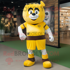 Yellow Soccer Goal mascot costume character dressed with a Rugby Shirt and Belts