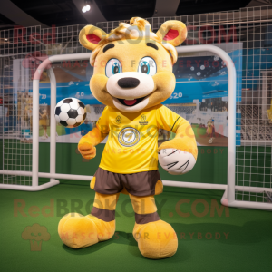 Yellow Soccer Goal mascot costume character dressed with a Rugby Shirt and Belts