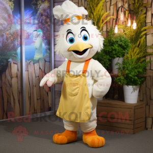 Cream Butter Chicken mascot costume character dressed with a Dungarees and Headbands