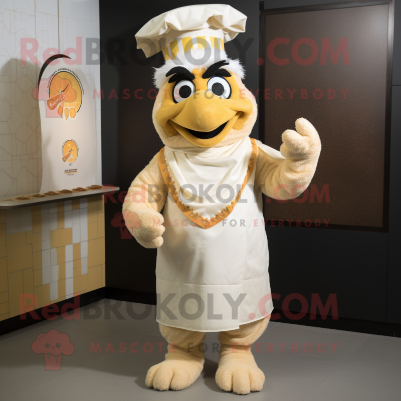 Cream Butter Chicken mascot costume character dressed with a Dungarees and Headbands Cream Butter Chicken mascot costume character dressed with a Dungarees and Headbands