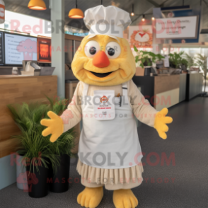 Cream Butter Chicken mascot costume character dressed with a Dungarees and Headbands