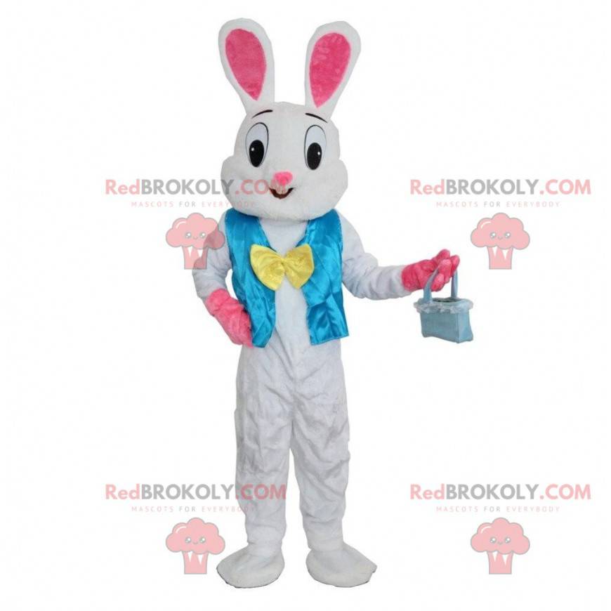 Mascote coelho branco e rosa com colete azul - Redbrokoly.com