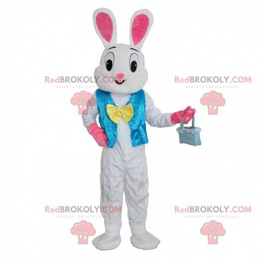 Mascota de conejo blanco y rosa con chaleco azul -