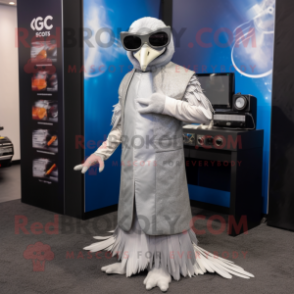 Silver Crow mascot costume character dressed with a Empire Waist Dress and Sunglasses