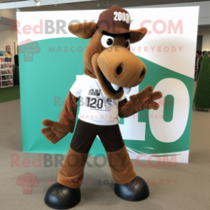 Brown Horse mascot costume character dressed with a Board Shorts and Shoe clips