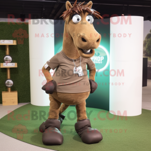 Brown Horse mascot costume character dressed with a Board Shorts and Shoe clips