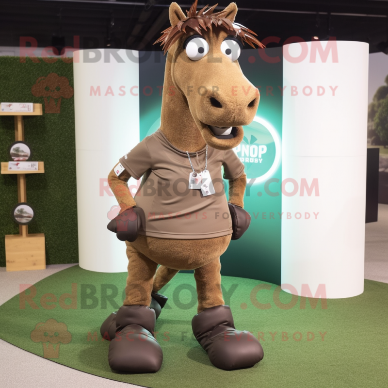 Brown Horse mascot costume character dressed with a Board Shorts and Shoe clips