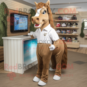 Brown Horse mascot costume character dressed with a Board Shorts and Shoe clips