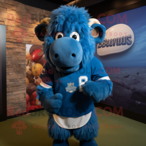 Blue Buffalo mascot costume character dressed with a Rugby Shirt and Earrings