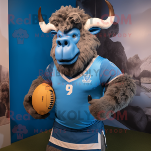 Blue Buffalo mascot costume character dressed with a Rugby Shirt and Earrings