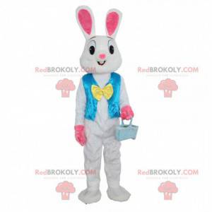 Hvid og lyserød kaninmaskot med en blå vest - Redbrokoly.com