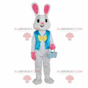 Mascotte de lapin blanc et rose avec un gilet bleu -