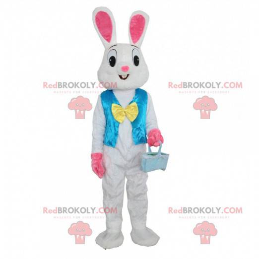 Mascota de conejo blanco y rosa con chaleco azul -