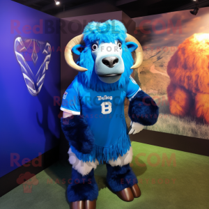 Blue Buffalo mascot costume character dressed with a Rugby Shirt and Earrings