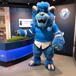 Blue Buffalo mascot costume character dressed with a Rugby Shirt and Earrings