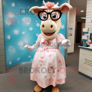 Peach Holstein Cow mascot costume character dressed with a Empire Waist Dress and Eyeglasses