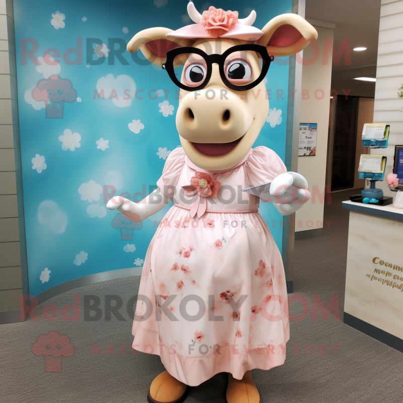 Peach Holstein Cow mascot costume character dressed with a Empire Waist Dress and Eyeglasses Peach Holstein Cow mascot costume character dressed with a Empire Waist Dress and Eyeglasses