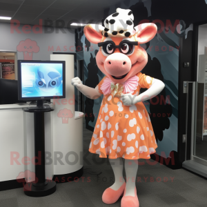 Peach Holstein Cow mascot costume character dressed with a Empire Waist Dress and Eyeglasses