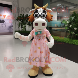 Peach Holstein Cow mascot costume character dressed with a Empire Waist Dress and Eyeglasses