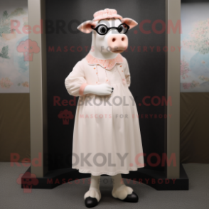 Peach Holstein Cow mascot costume character dressed with a Empire Waist Dress and Eyeglasses