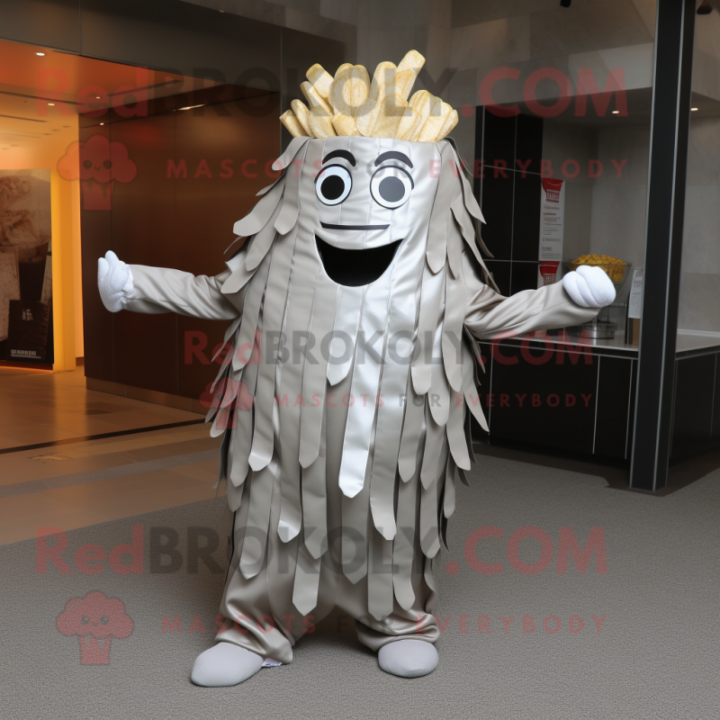 Silver French Fries mascot costume character dressed with a Suit Pants and Wraps Silver French Fries mascot costume character dressed with a Suit Pants and Wraps