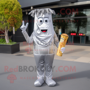 Silver French Fries mascot costume character dressed with a Suit Pants and Wraps