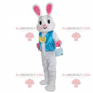 Mascote coelho branco e rosa com colete azul - Redbrokoly.com