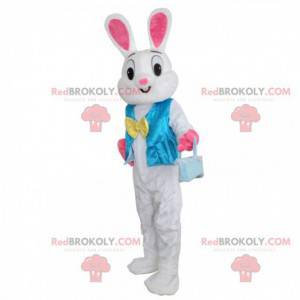 Wit en roze konijn mascotte met een blauw vest - Redbrokoly.com