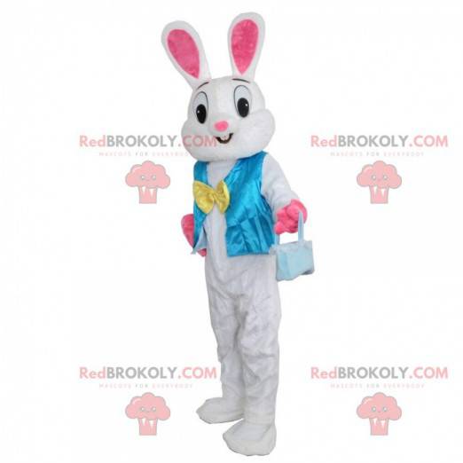 Biało-różowy królik maskotka z niebieską kamizelką -