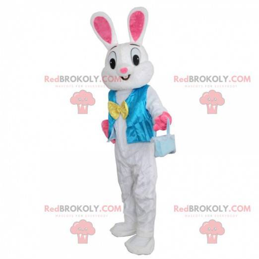 Mascota de conejo blanco y rosa con chaleco azul -