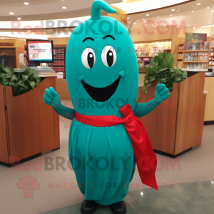 Turquoise Pepper mascot costume character dressed with a Pencil Skirt and Belts