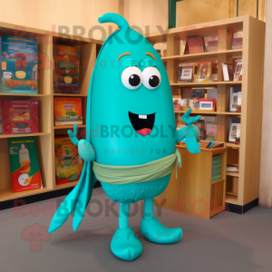 Turquoise Pepper mascot costume character dressed with a Pencil Skirt and Belts