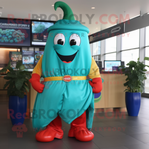 Turquoise Pepper mascot costume character dressed with a Pencil Skirt and Belts