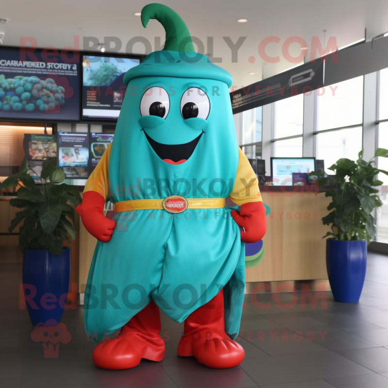 Turquoise Pepper mascot costume character dressed with a Pencil Skirt and Belts Turquoise Pepper mascot costume character dressed with a Pencil Skirt and Belts