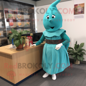 Turquoise Pepper mascot costume character dressed with a Pencil Skirt and Belts