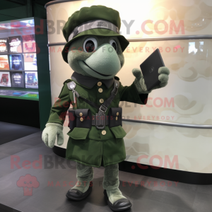 Silver Green Beret mascot costume character dressed with a Midi Dress and Wallets