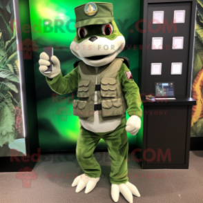 Silver Green Beret mascot costume character dressed with a Midi Dress and Wallets