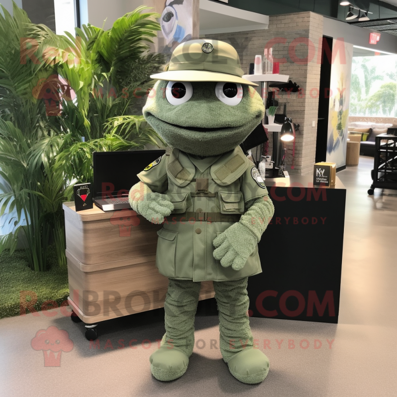 Silver Green Beret mascot costume character dressed with a Midi Dress and Wallets Silver Green Beret mascot costume character dressed with a Midi Dress and Wallets