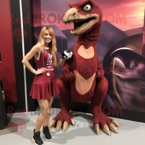 Maroon Utahraptor mascot costume character dressed with a Mini Skirt and Watches
