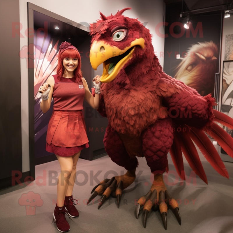 Maroon Utahraptor mascot costume character dressed with a Mini Skirt and Watches