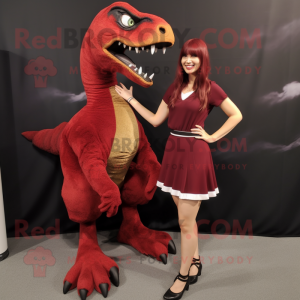 Maroon Utahraptor mascot costume character dressed with a Mini Skirt and Watches