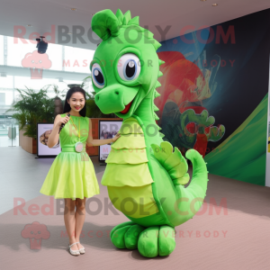 Lime Green Sea Horse mascot costume character dressed with a Mini Dress and Ties