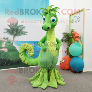 Lime Green Sea Horse mascot costume character dressed with a Mini Dress and Ties