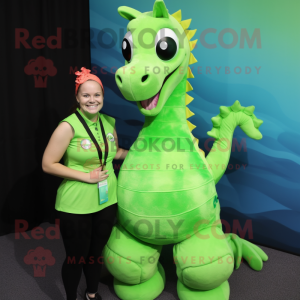 Lime Green Sea Horse mascot costume character dressed with a Mini Dress and Ties