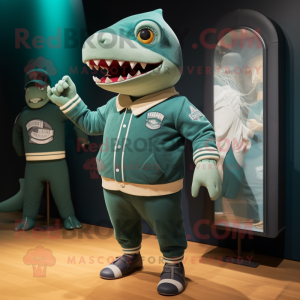 Green Megalodon mascot costume character dressed with a Sweater and Berets