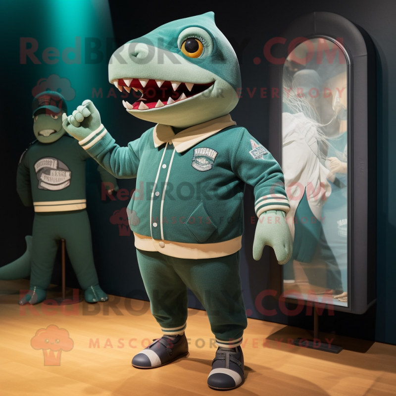 Green Megalodon mascot costume character dressed with a Sweater and Berets Green Megalodon mascot costume character dressed with a Sweater and Berets