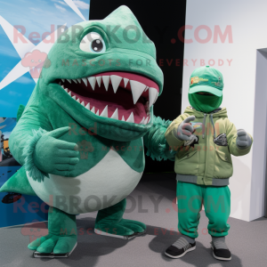 Green Megalodon mascot costume character dressed with a Sweater and Berets