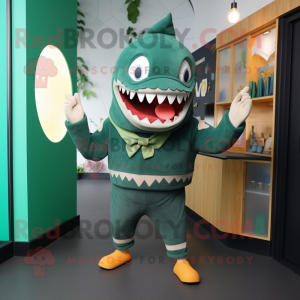 Green Megalodon mascot costume character dressed with a Sweater and Berets