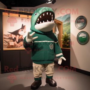 Green Megalodon mascot costume character dressed with a Sweater and Berets