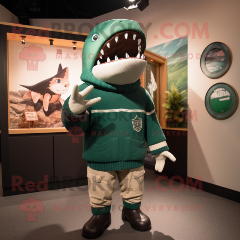 Green Megalodon mascot costume character dressed with a Sweater and Berets Green Megalodon mascot costume character dressed with a Sweater and Berets